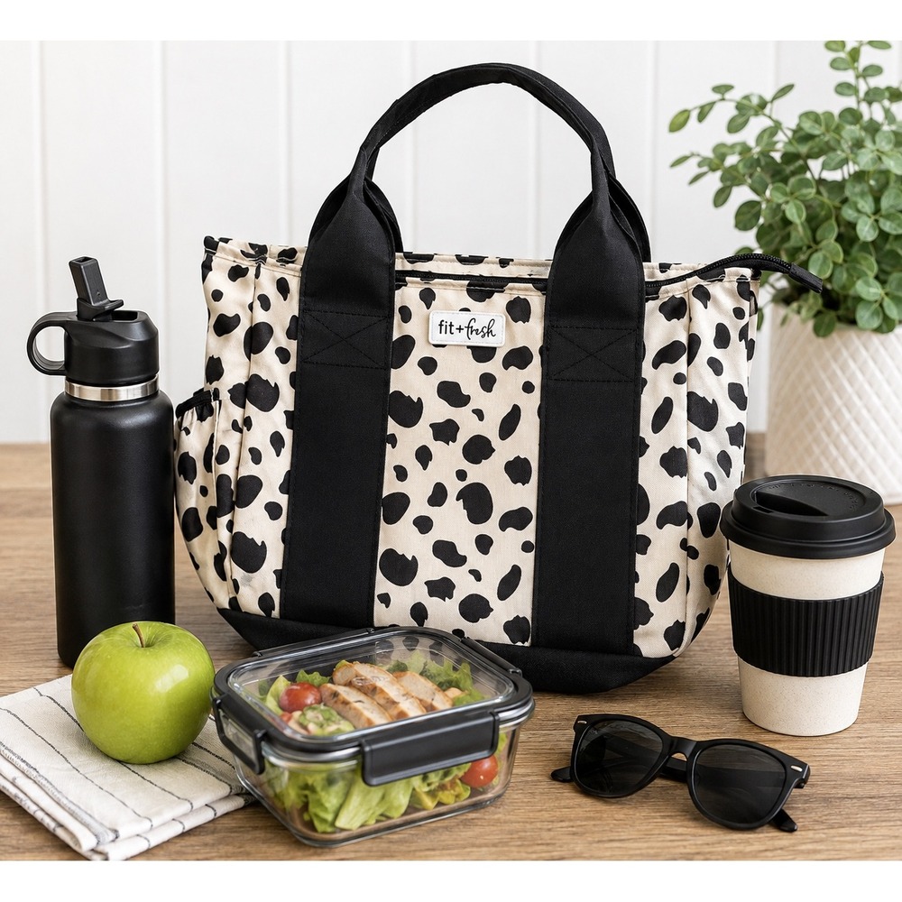 Fit + Fresh Insulated Lunch Tote Bag Leopard Print Black White Zippered Travel